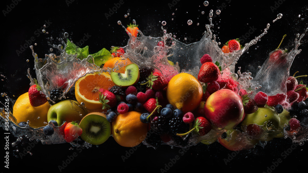 A Captivating Photo of an Airborne Fruit Explosion, Generative AI A Captivating Photo of an Airborne Fruit Explosion, Generative AI