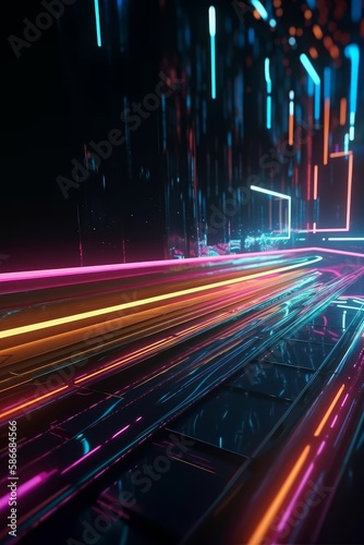 Modern neon light moving high speed background with data network and symmetry.Generative AI