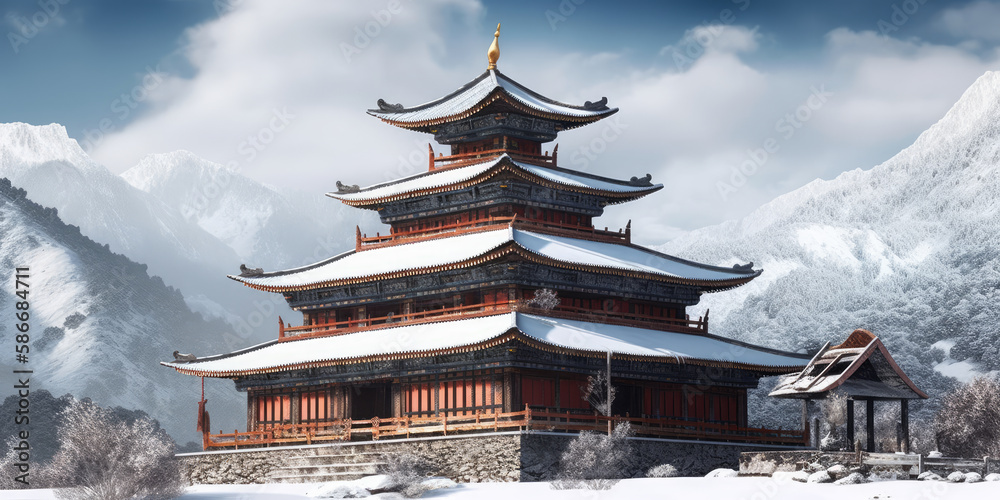 Buddhist antique temple with a background of snowy mountains and a wintery setting - Generative AI