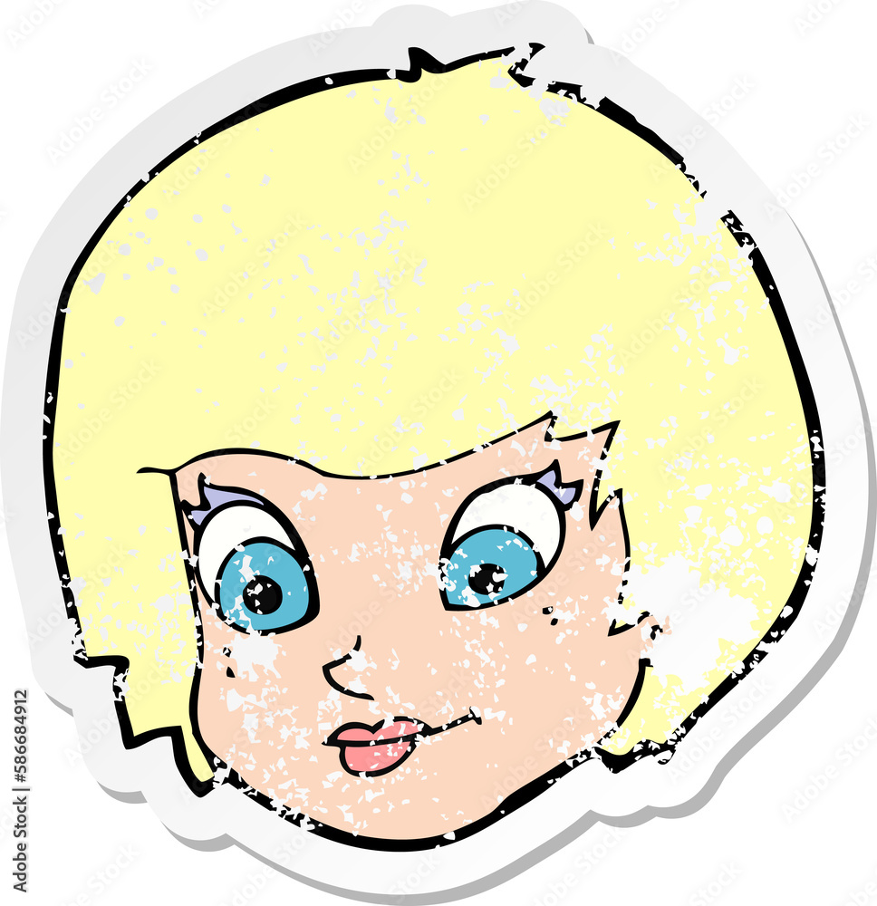retro distressed sticker of a cartoon female face retro distressed sticker of a cartoon female face