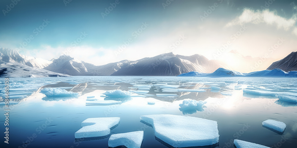 cracked ice floe pieces with big mountains behind background, global warming and environmental conditions. Generative AI