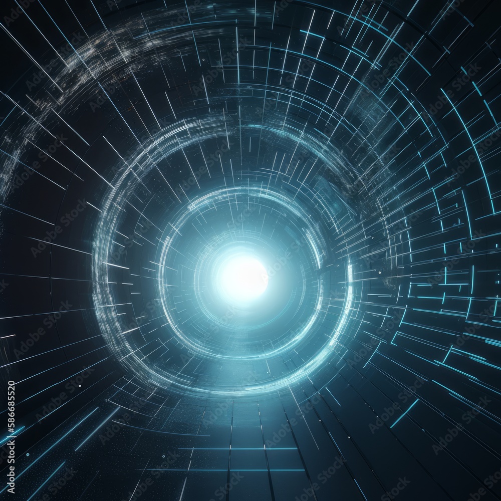 Retro sci-fi light tunnel through space wormhole with nebula, light-speed travel, blue electric, 3D render, cinematic, long tube-like wormhole. Generative AI Retro sci-fi light tunnel through space wormhole with nebula, light-speed travel, blue electric, 3D render, cinematic, long tube-like wormhole. Generative AI