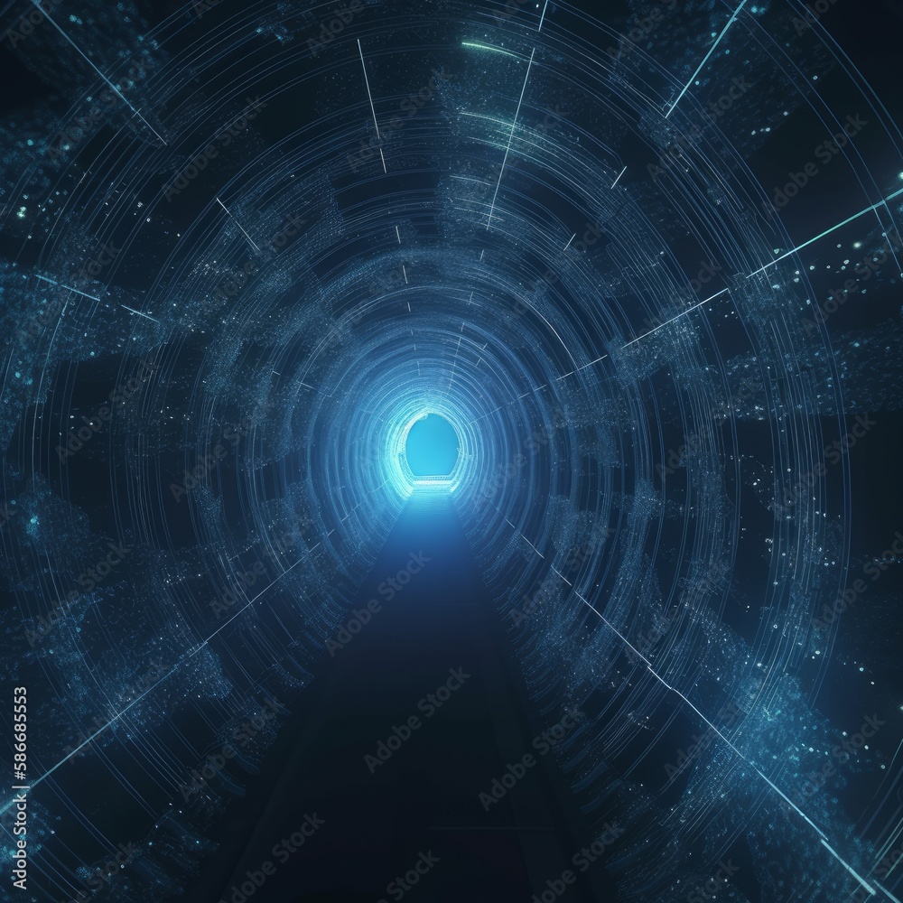 Retro sci-fi light tunnel through space wormhole with nebula, light-speed travel, blue electric, 3D render, cinematic, long tube-like wormhole. Generative AI Retro sci-fi light tunnel through space wormhole with nebula, light-speed travel, blue electric, 3D render, cinematic, long tube-like wormhole. Generative AI