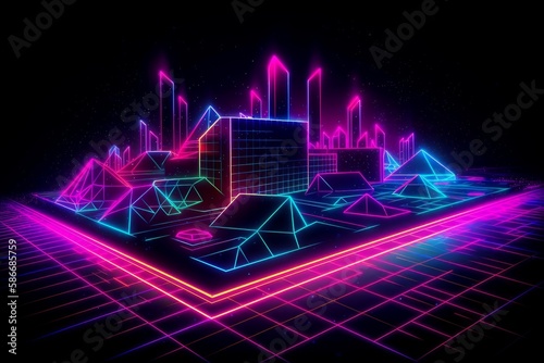 Synthwave, Low Poly, Neon Grids, 1980s.Generative AI