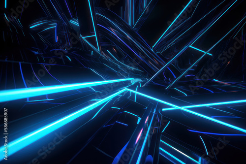 Abstract background. Neon blue lines. AI generative.