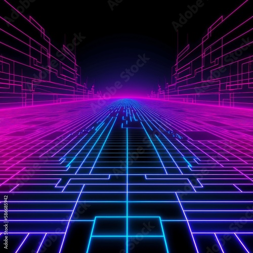 Get transported to 80s Miami with this Tron-inspired wallpaper featuring neonwave colors, Synthwave vibe, and VHS-style low-res visuals. Generative AI
