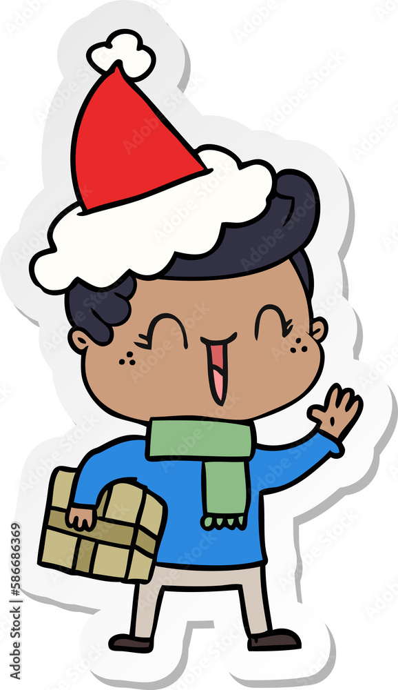 sticker cartoon of a laughing boy wearing santa hat sticker cartoon of a laughing boy wearing santa hat
