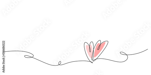 Continuous line drawing of heart couple and color shape. Single line Valentines background with pink heart. One line drawing of love sign with two hearts. Editable stroke. Doodle vector illustration