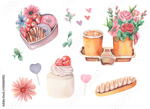Food and flowers illustration. Dessert. coffee and flowers. Romantic design for greetings  wrapping  packing  decor. Lovely illustration with candies  flowers  cappuccino  strawberry cake  tart .