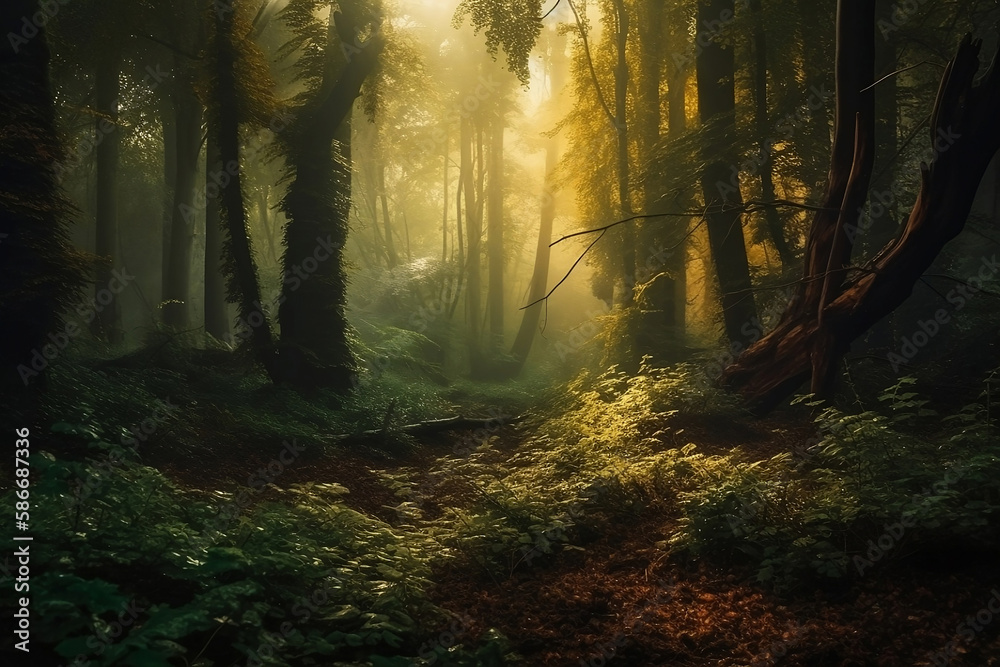 magical dark green forest in soft sunlight