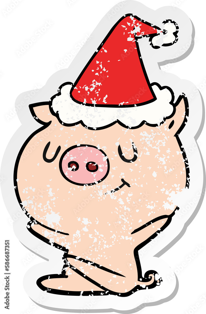 happy distressed sticker cartoon of a pig wearing santa hat happy distressed sticker cartoon of a pig wearing santa hat