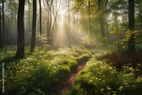 magical green forest in soft morning sunlight