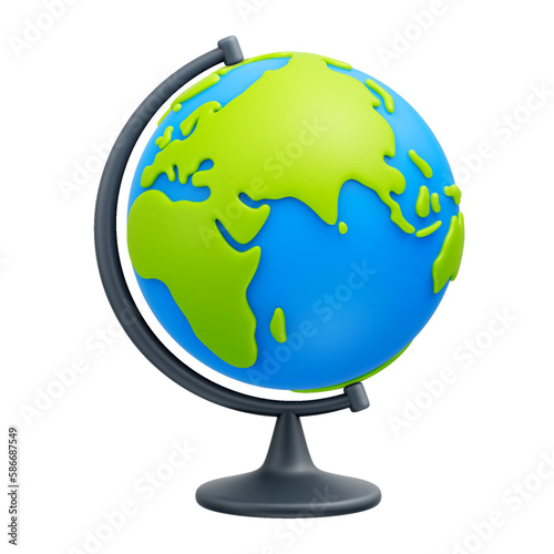 Cartoon world globe with stand 3d vector icon on white background. Globe of planet Earth for concept of kids learning or world traveling