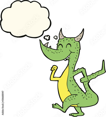 cartoon happy dragon with thought bubble