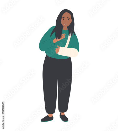 Black Woman plastered arm, broken hand in cast