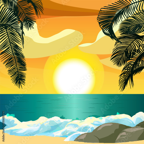 Sandy seashore. Tropical beach with palm trees.