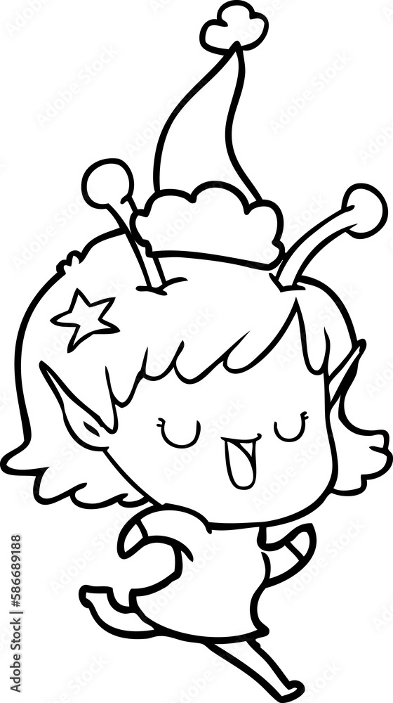 happy alien girl line drawing of a wearing santa hat happy alien girl line drawing of a wearing santa hat