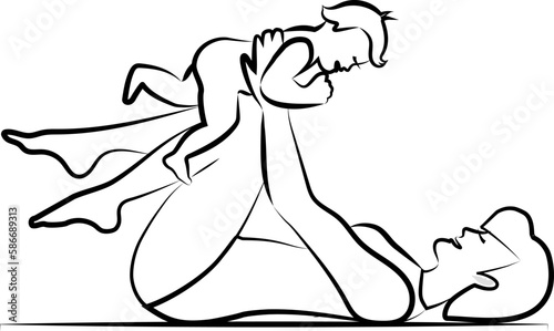 Mom lies and holds her little son in outstretched arms. They are happy and laughing. Black line with thinning..