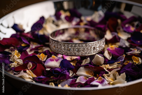 The Wedding Bands In A Small Dish Filled With Flower Petals. Generative AI