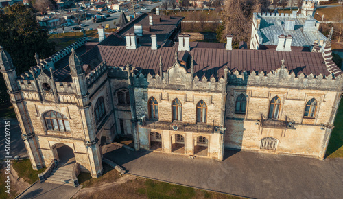 Dadiani Palace in Zugdidi, Georgia. State Historical-Architectural Museum, historical ancient building mansion or castle protect by unesco, aerial view from drone.