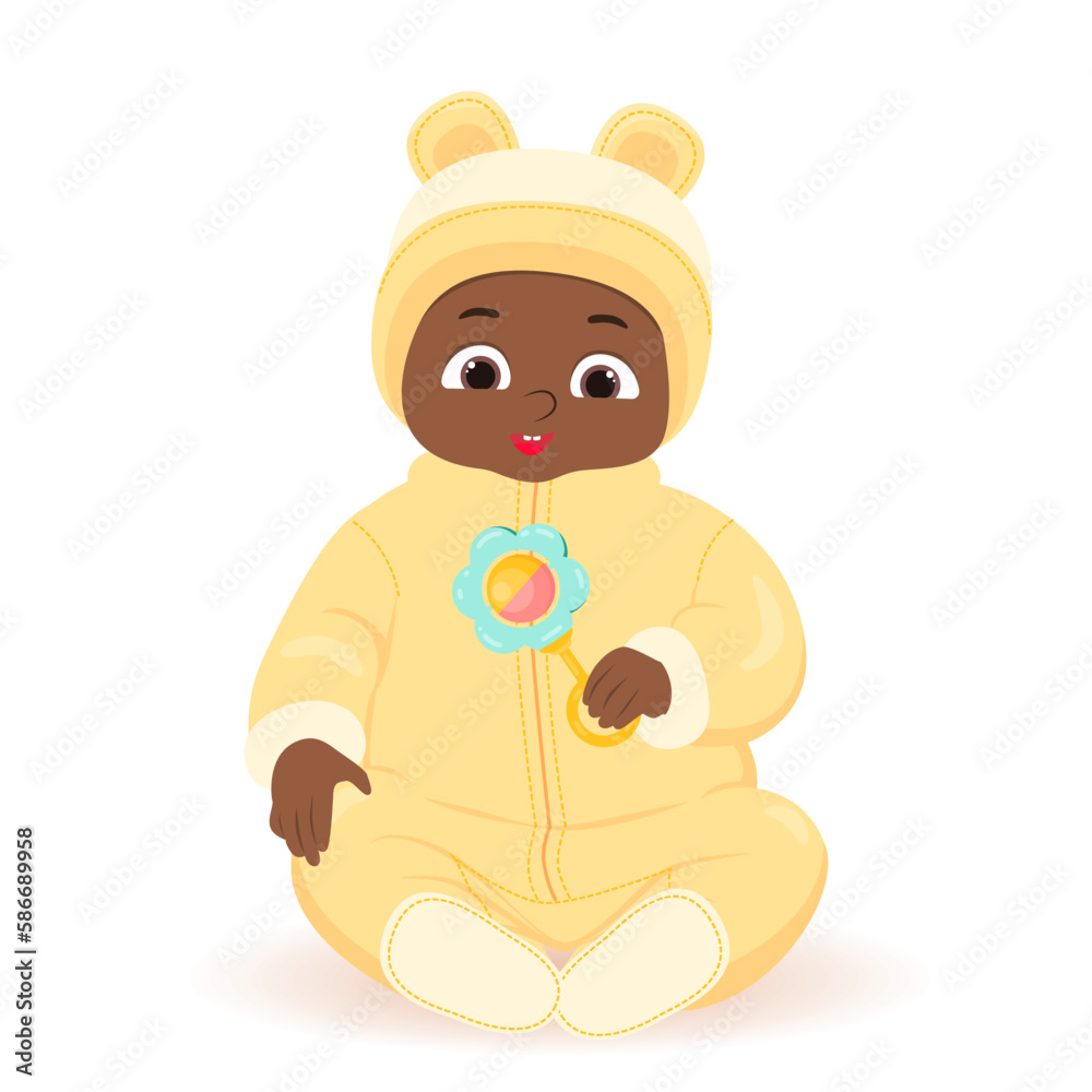 Obraz premium Cute African American baby sitting and hold teething toy. Flat vector cartoon design