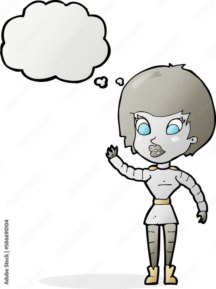 cartoon robot woman waving with thought bubble cartoon robot woman waving with thought bubble