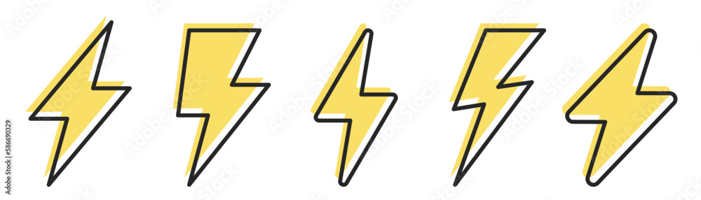 Yellow lightning bolt. Thunderbolt icons set. Black and yellow charge symbol. Outline thunderbolt icon set. Energy symbol. Lightning bolt sign set. Stock vector illustration Yellow lightning bolt. Thunderbolt icons set. Black and yellow charge symbol. Outline thunderbolt icon set. Energy symbol. Lightning bolt sign set. Stock vector illustration
