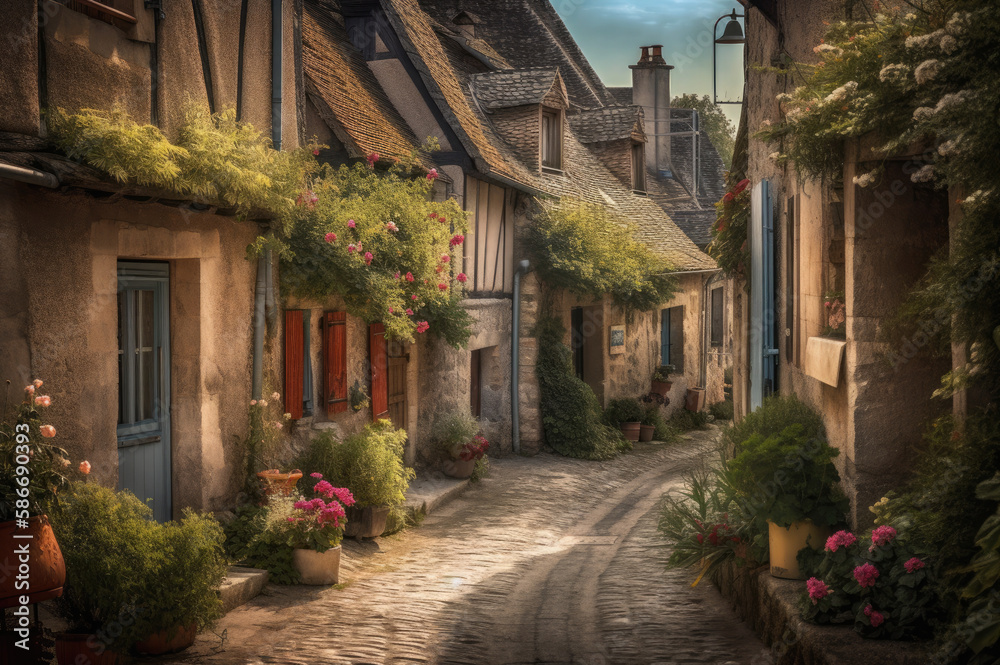 A charming row of pastel-colored, thatched-roof cottages in a quaint European village, with cobblestone streets and blossoming flower beds