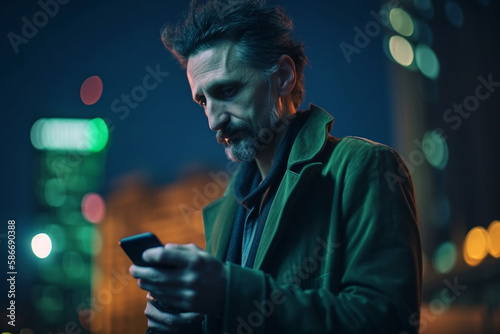 man with smartphone-head against the backdrop of skyscrapers, Cinematic Mythpunk style. Generative AI