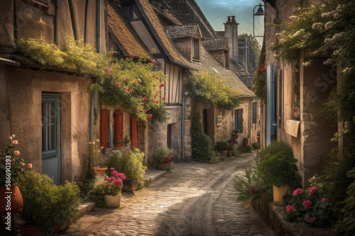 A charming row of pastel-colored, thatched-roof cottages in a quaint European village, with cobblestone streets and blossoming flower beds