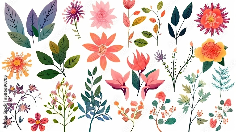 A collection of colorful spring flowers with floral branches, leaves, and foliage. Isolated on a white background. Generative AI