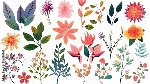 A collection of colorful spring flowers with floral branches  leaves  and foliage. Isolated on a white background. Generative AI