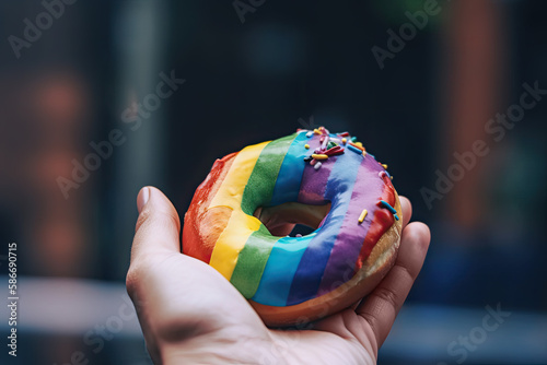 Holding a rainbow Colored Glazed donut. AI generative.