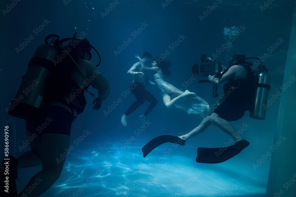 filming a movie underwater underwater cameraman and actors Stock Photo