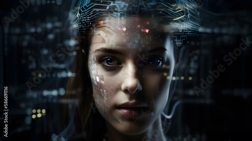 Beautiful Young Woman Immersed in AI Technology. Generative AI.