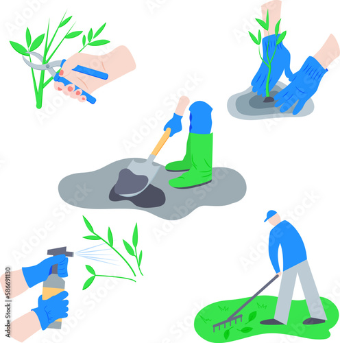 Vector set garden work illustration. Hand is pruning garden tree with clippers. Planting. Man dig ground with a shovel. Spraying pesticide chemicals on plants. Cleaning fallen autumn leaves.
