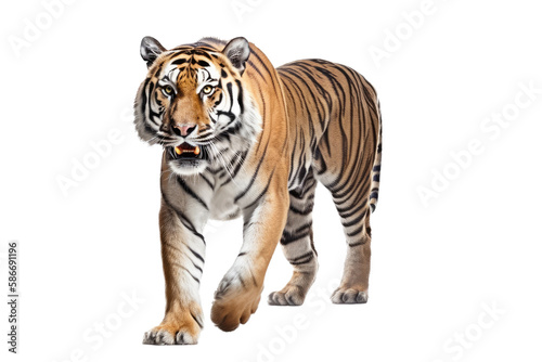 an isolated bengal tiger front view, walking towards, stalking prey, fierce jungle-themed photographic illustration on a transparent background in PNG, Generative AI
