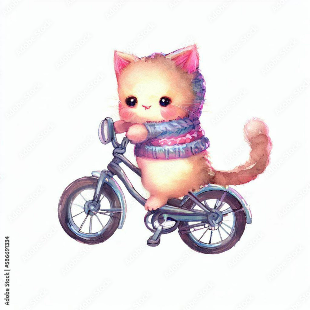 watercolor sketch illustration of adorable mesh cat on a bicycle, artwork for children's book, digital art, concept, Generative AI