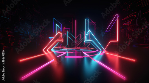 3d render, abstract panoramic red blue pink neon background with arrows. Generative Ai