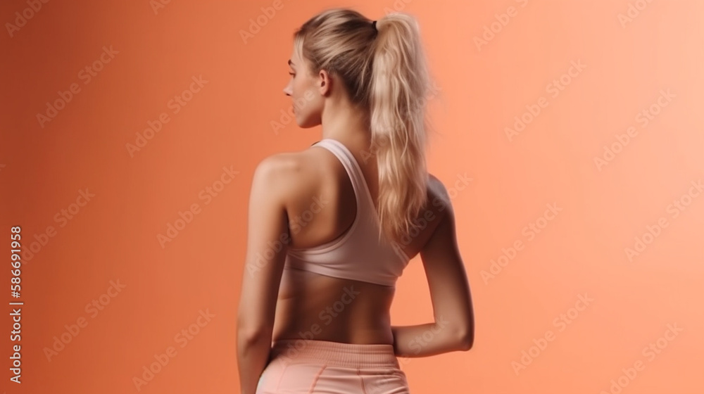 Back view of sporty young woman in sportswear standing against.generative ai