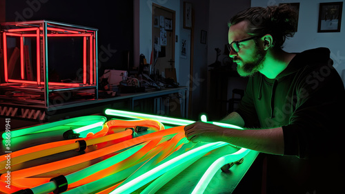 A neon sign maker working on neon tubes poster with copy space - Fictional Person, Generative AI photo