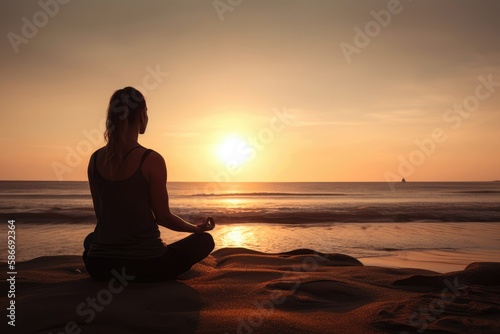A Woman Seated In A Lotus Position On A Beach At Sunrise  With The Ocean In The Background. Generative AI