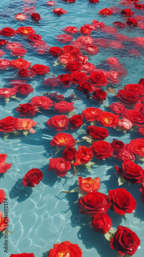 A lot of red flowers floating on transparent water in swimming pool, summer floral composition with sun and shadow. Generative AI