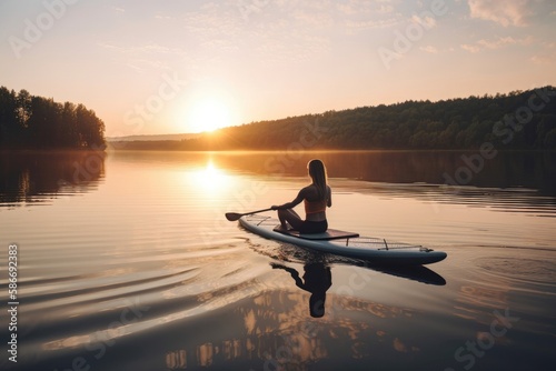 A Woman Meditating On A Paddleboard, Surrounded By The Calm Waters Of A Lake Or River. Generative AI © Ян Заболотний