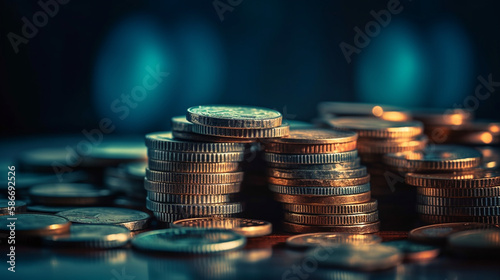 Stack of coins with blue light background, business and finance concept idea.generative ai