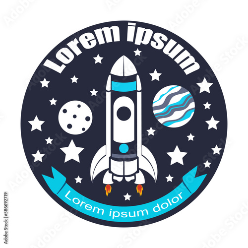 A logo with a rocket in space flying past planets and stars, and with space for an inscription. Vector graphics.