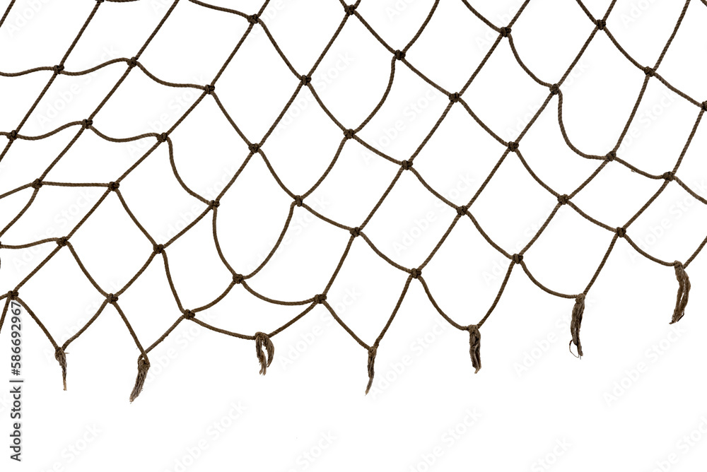 Football or tennis net. Torn rope mesh with holes on a white background close-up. - obrazy, fototapety, plakaty 
