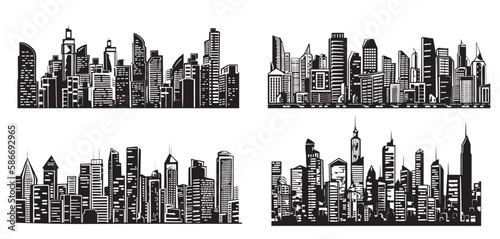 City set, Skyscrapers hand drawn sketch illustration