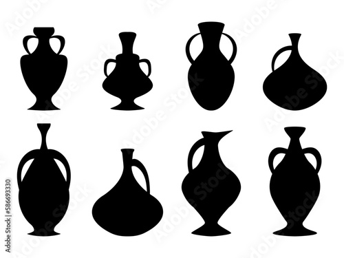 Black amphorae set isolated on white background. Amphora silhouettes. Ancient greek jars and amphorae. Design of amphora for posters, banners and promotional items. Vector illustration