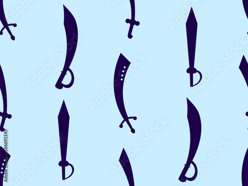 Curved swords seamless pattern. Swords silhouettes. Indian and oriental weapon, scimitar. Design of swords for posters, banners and promotional items. Vector illustration